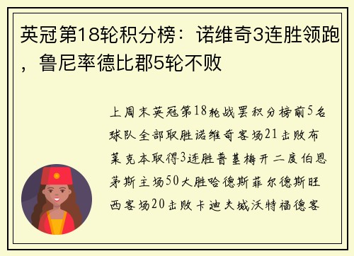 英冠第18轮积分榜：诺维奇3连胜领跑，鲁尼率德比郡5轮不败