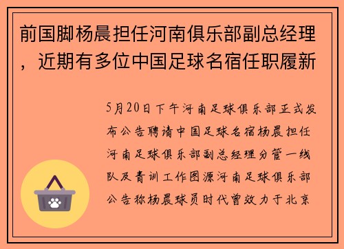 前国脚杨晨担任河南俱乐部副总经理，近期有多位中国足球名宿任职履新
